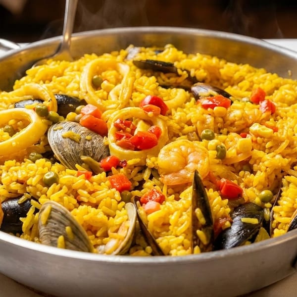 Steaming paella with yellow rice, shrimp, mussels, clams, squid, peas, and red peppers in a large pan.