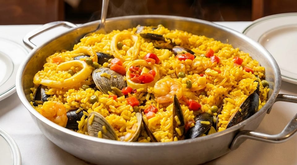 Steaming paella with yellow rice, shrimp, mussels, clams, squid, peas, and red peppers in a large pan.