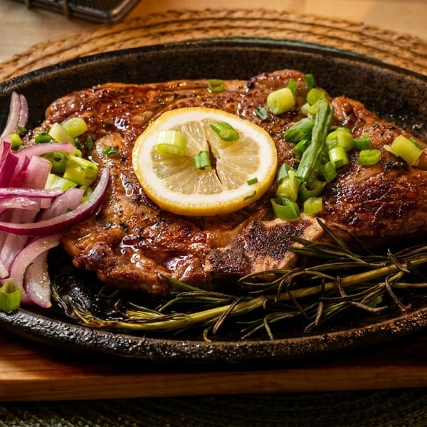 Sizzling steak with lemon, red onions, green onions, and rosemary on a cast iron plate.