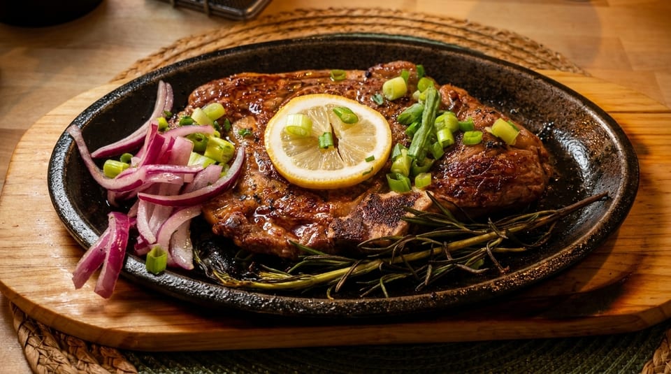 Sizzling steak with lemon, red onions, green onions, and rosemary on a cast iron plate.