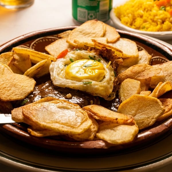 Steak with a fried egg and potato chips in a rustic bowl, with yellow rice in the background.