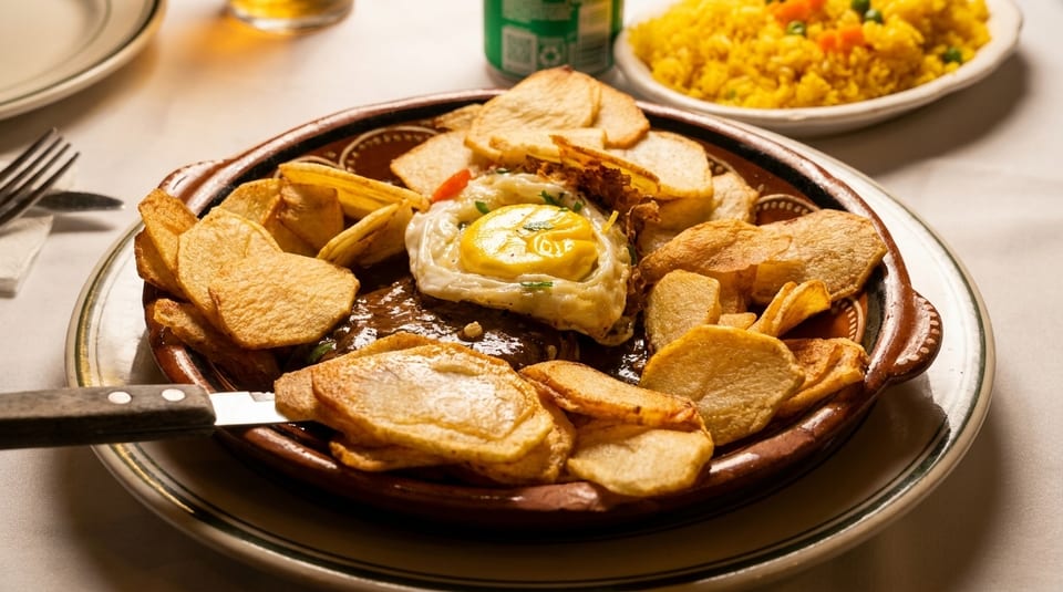 Steak with a fried egg and potato chips in a rustic bowl, with yellow rice in the background.