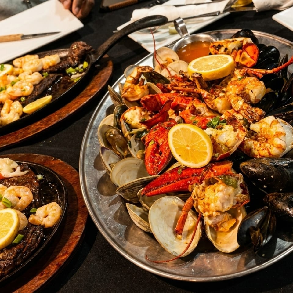 A large platter of seafood, including lobster, shrimp, mussels, and clams, with lemon slices.