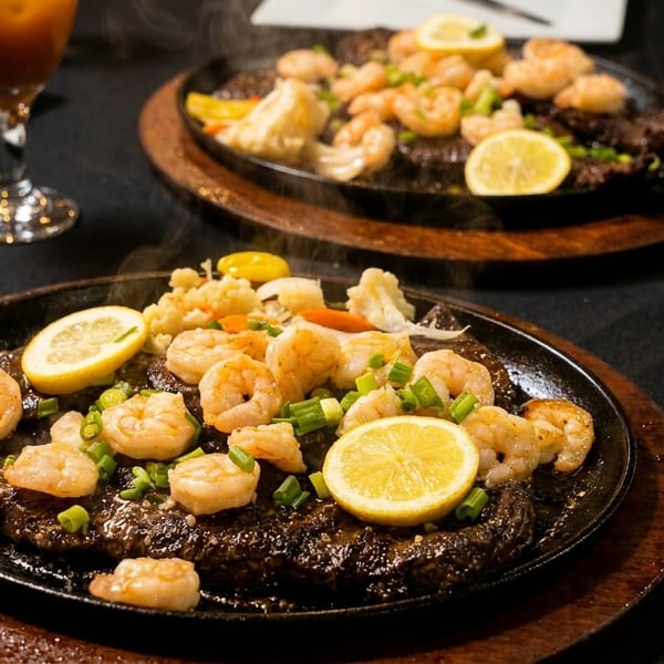 Two sizzling platters of steak and shrimp with lemon slices and chopped scallions on a dark table.