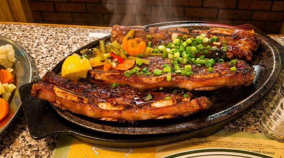 Sizzling grilled short ribs with green onions, vegetables, and lemon on a hot plate.